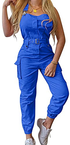 Jumpsuit Damen Elegant Blau Latzhose Damen Sommer Einteilig Freizeitanzug Langes Weites Bein Hose Latzhose Damen Arbeitshose GroßE GrößEn mit Große Taschen Leicht Atmungsaktiv TräGerhose Sommer