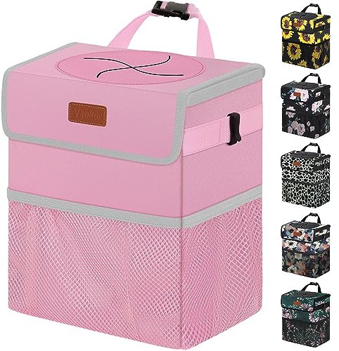 Vankor Car Dustbin with Lid, Cute Hanging Waterproof Car Trash Can Leakproof Vehicle Dustbin, Pink
