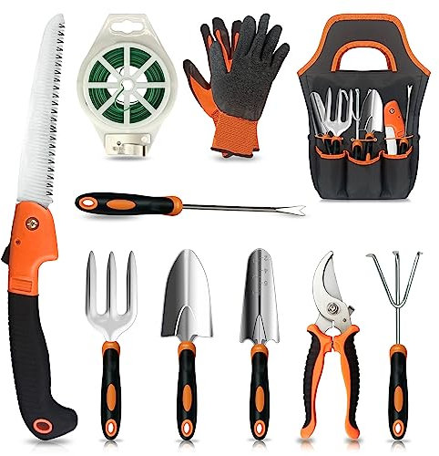 SETTECH Gartengeräte, 10-teiliges Edelstahl-Gartenwerkzeug-Set, Rutschfester, ergonomischer Griff und Gartenschaufel mit Aufbewahrungsbox, Gartengeschenke für Frauen und Männer