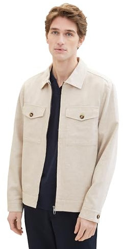 TOM TAILOR Herren Overshirt Jacke aus Leinen mit Reißverschluss, 35175 - Camel Beige Herringbone, M