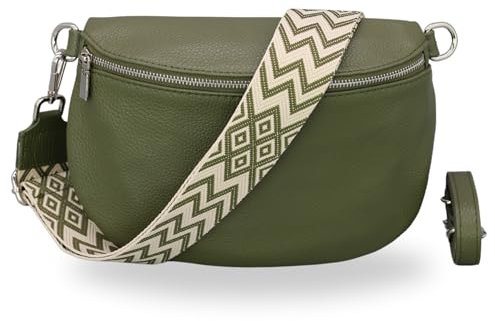 BRISE Bauchtasche Damen Echtleder AFIA Silber Handgemachte Umhängetasche Crossbody Bag mit Ledergurt + Optionalen Breiten Gemusterten Riemen 3 Fächer Hüfttasche Made in Italy (Khaki-Silber 2)