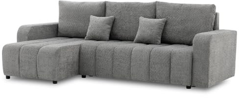 Mebligo - Ecksofa mit Schlaffunktion und Bettkasten Modena, 237 cm Breit, Wohnzimmer Eckcouch Universell - Rechte oder Linke Seite Couch, Eckcouch mit Bettfunktion Modena - Sofa Grau (Abriamo 07)