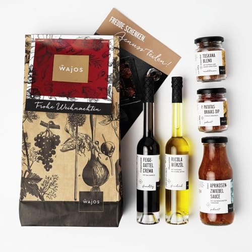Wajos Geschenkset Weihnachten – Kulinarische Vielfalt in edler Verpackung: Geschenk mit 5 Delikatessen + Flyer