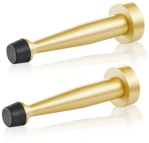 QOGRISUN's Heavy Duty Solid Brass Door Stops,4-inch Total Length of Decorative Door Stopper Wall Protector with Rubber Bumper Tip - Brushed Brass (2-Pack)