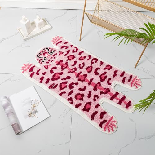 YulyreZome Leoparden-Badematte für Badezimmer, lustiger niedlicher rosa Tiger, Cartoon-Badezimmerteppich, rutschfest, Tier-Fußmatte, waschbar, saugfähig, Badewanne, Plüsch, Mikrofaser, Dekor,