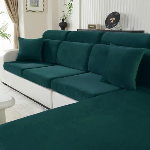 CYCMACO Samt Sitzkissenbezug, Stretch Sofa Sitzkissenbezug rutschfest, Universal Sofa Überzug Wohnzimmer, Elastischer Kissenbezüge, Waschbare(1-Sitzer, Dunkel Grün)