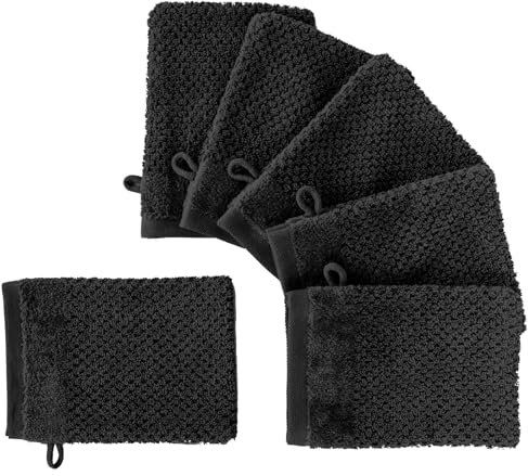 Pure Label 6-TLG. Waschhandschuh Set 16x21cm mit Anhängeschlaufe aus 100% Baumwolle, saugstark, weich und Oeko-TEX Zertifiziert - 6 Waschlappen aus Baumwolle, Schwarz