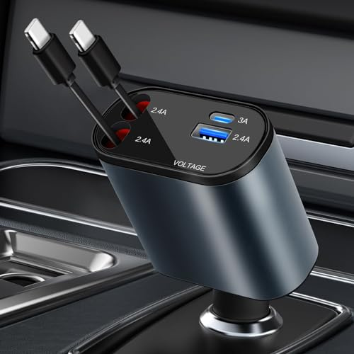 AXFEE Chargeur Voiture Rétractable, Chargeur Téléphone 4 en 1, Allume Cigare avec L-ightning Câble de 80cm, Prise Adaptateur Voiture Rapide pour i-Phone14 13 12 11 Pro Max/Mini/XS/X/8/7/6/SE
