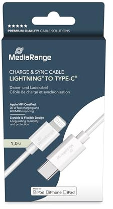 MediaRange Apple Lightning® a USB Type-C® - Cavo di ricarica e dati da 1 m, colore: Bianco