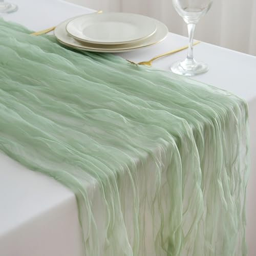 DROMCOM Hellgrün Käsetuch Tischläufer, 80 x 300 cm Boho Tüll Organza Seihtuch Tischläufer Rustikaler Gaze Stoff Cheesecloth Tischläufer Hochzeit Tischdecke für Hochzeitsfeier Brautparty Tischdeko