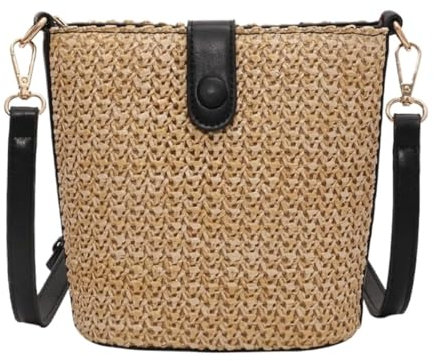Bolsa de Verano para Mujer Bolso Bandolera Pequeño De Paja Para Mujer Bolsos Cruzados Tejidos A Mano Con Correa Cesta de Playa(Color:Svart)
