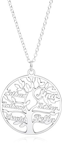 OTXIXTO Collier Arbre de Vie Personnalisé Pour Femme Collier Pendentif Arbre Généalogique avec 6 Noms Collier Arbre Généalogique en Argent Sterling 925 pour Fête des Mères (Style A: Rond)