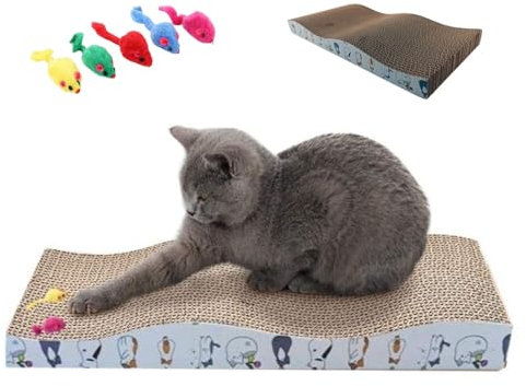 DistriPet Rascador para Gatos, Rascador Gatos, Cartón Corrugado Arañazos para Gatos con Hierba Gatera 43 x 21 x 7,3 cm. Incluye Juguete de Regalo. Carton Ideal para Cama y Sofá.