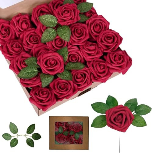 Lot de 50 Roses artificielles en Mousse avec tiges pour Bouquets de Fleurs de Mariage, fête, fête prénatale, décoration de la Maison (Rouge)