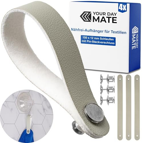 Nähfrei-Aufhänger für Textilien, 4 Pack, 150 x 12 mm Schlaufen, in Grau, aus PU Leder, mit Pin-Knopfverschluss, Aufhänger Laschen für Geschirrhandtuch, Bad Handtuch, Lappen, Dekoartikel, Camping