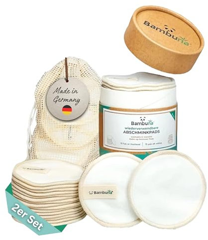 BAMBUNA 2x 15 Stk. wiederverwendbare Wattepads mit Baumwoll Waschbeutel - Abschminkpads waschbar - Bambus Abschminkpads - Make Up Entferner Pads