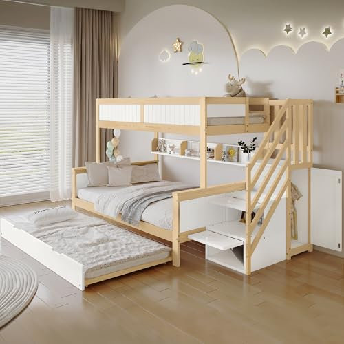 Hochbett für 3 Kinder 90x200&120x200cm mit Ausziehbett, Kleiderschrank, Offenes Regal und Stauraumtreppe, Rausfallschutz Kinderbett Etagenbett mit Gitter und Lattenrost, Kiefer+MDF, Weiß+Natur