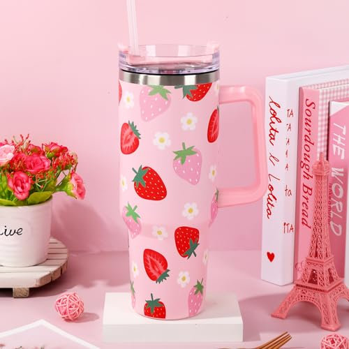 FYSUIMU Strawberry Tumbler with Straw and Lid 40oz Pink Red Strawberry Flower Stainless Steel Cup with Handle Cute Travel Coffee Tumbler Cup for Home Office
