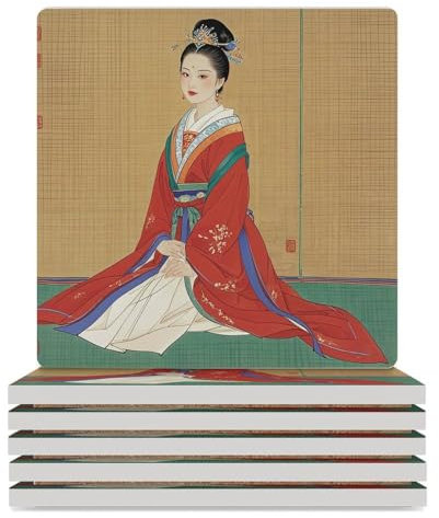Quadratische Keramik-Untersetzer-Set, asiatische Damen, bedruckt, dekorative Kaffeetassen-Untersetzer mit Korkboden, Getränkeuntersetzer, Steinuntersetzer für Küche, Schreibtisch, Bar, Dekoration, 6