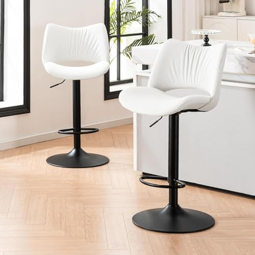 YOUNUOKE Bar Stools Set of 2, Adjustable Breakfast Bar Stools, White | Open Back Counter Height Barstools, PU Leather Modern Armless Kitchen Bar Chairs with Thickened Seat, 300LBS Support