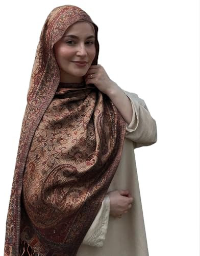 Faticinfa Damen Pashmina-Schal, Hijab, Jacquard-Paisley-Wickeltuch, ethnisches Vintage-Muster, Schal mit Quasten, Rotbraun, 180x70CM