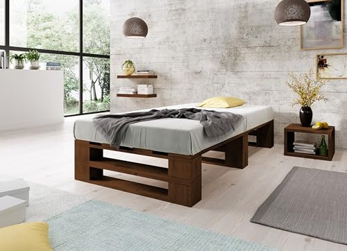 Lermowood Palettenbett M2 aus Holz 90 x 200 cm Palisander mit Lattenrost Holzbett 30cm Stabiles Seniorenbett Kinderbett Jugendbett Gästebett erhöhtes Einzelbett Bettgestell Futonbett Komforthöhe