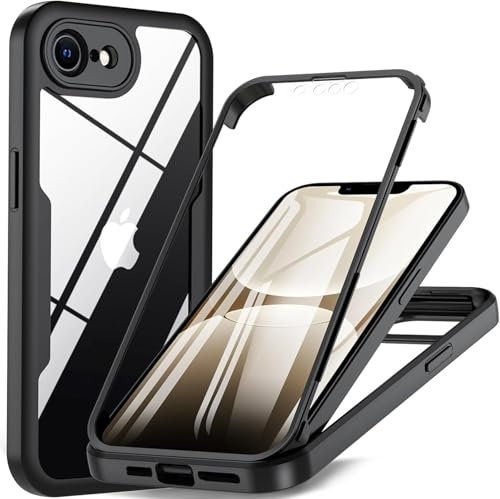 Skyhewen for iPhone 16e Case Built-in Screen Protector, 360°Full Body Military Grade Drop Protection Transparent Silicone Rugged Bumper Cover Clear Phone Case for iPhone 16e, Black