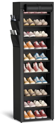 Kitsure Shoe Rack - 10-Tier Large Capacity Shoe Organizer Shelf with Dust Cover & Side Pockets, Rust-Proof Metal Shoe Rack for Closet, Entrance, Living Room, 17.5 x 12.4 x 69.3, Black