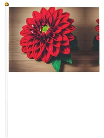 Mini-Flaggen-Set mit Holzbrett, Retro-Blume, roter Dahlien-Druck, 14 x 21 cm, kleine Miniatur-Flaggen für alle Jahreszeiten