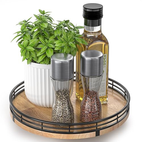 9 Oak Wood Lazy Susan Turntable Organizer for Cabinet, Round Wooden Farmhouse Lazy Susan Organization and Storage for Dining Table, Pantry, Kitchen, Countertop, Cupboard,Home Decor