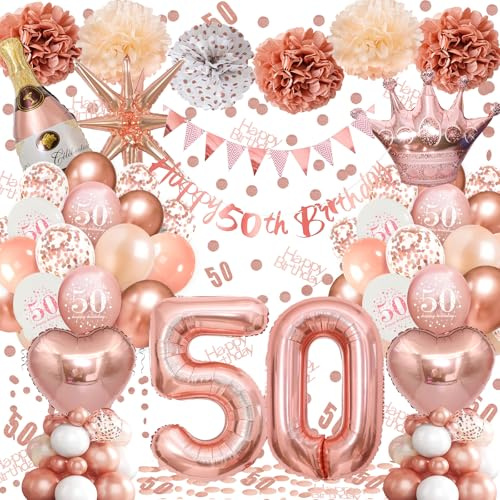 50th Birthday Balloons Rose Gold, Banner, Triangle Flag, 50th Birthday Decorations, Rose Gold Party Decorations Set, Latex, Heart, Crown And Numbers Balloons, Confetti, Paper Pom Poms