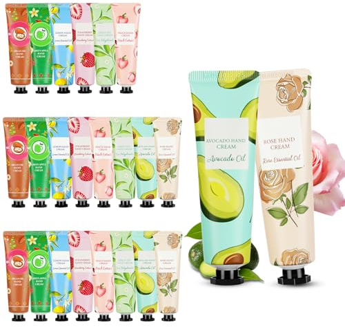 AYBUY Crema de manos, 24 x 30ml Cremas Manos Mini, Hidratante, reparadora no grasa, rápida absorción, llevar, Día y Noche, con 8 Aromas, para mujeres, hombres, Navidad y cumpleaños