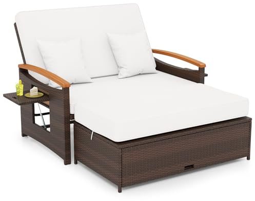 GIANTEX Lounge Möbel Outdoor, Gartensofa mit Liegefunktion, Balkonmöbel Kleiner Balkon, Outdoor Sofa, Rattan Lounge Sofa, Gartenlounge mit Stauraum, Garten Doppelliege 2 Personen, Rattan Daybed Garten