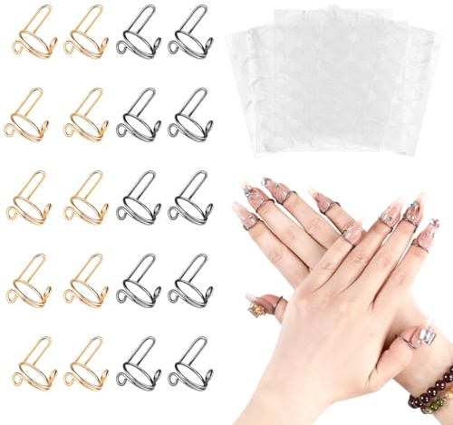 MUUQANYU 20Pcs Nail Rings with 120PCS Adhesive Nail Tabs No Glue Adjustable Fingernail Rings Set for Acrylic Nail, Non-Tarnish Metal Nails Rings for Women Nail Art Decoration