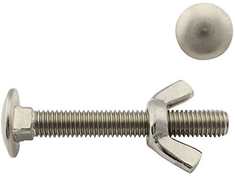 Flachrundschrauben/Schlossschrauben mit Flügelmuttern (kantige Form) - M6x80 - (10 Stück) - Vollgewinde - DIN 603 / DIN 315 - Edelstahl A2 (V2A) - SC603 / SC315