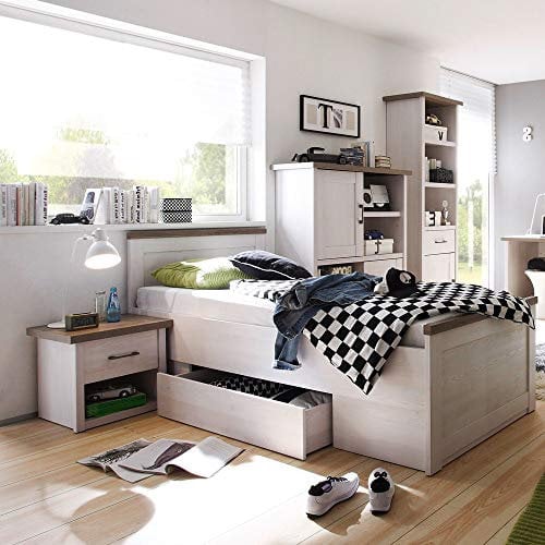 Lomadox Jugendzimmer Set 4-TLG., Landhausstil, Pinie weiß Nb./Trüffel Eiche Nb.