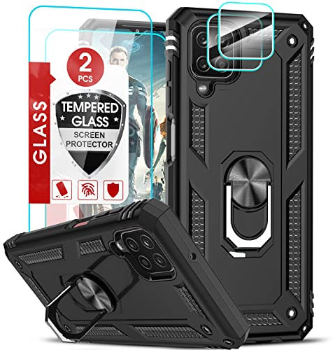 LeYi for Samsung Galaxy A12/M12 Case and 2 Tempered Glass Screen Protector and 2 Lens Camera Protector,Ring Holder Military Protective Shockproof Tough Armor Hard Phone Cover for Samsung A12 Black