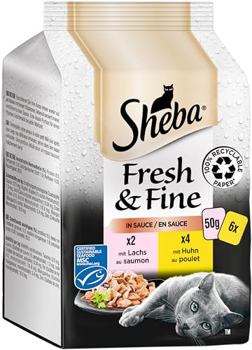 Sheba Fresh & Fine in Sauce - Hochwertiges Katzen Nassfutter - Huhn und Lachs (MSC) - Für die tägliche Abwechslung im extra kleinen Portionsbeutel - 36 x 50g