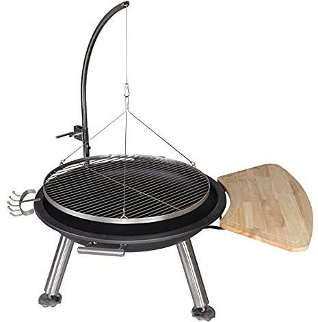 DRULINE Griglia girevole – Barbecue a carbonella – Braciere – Barbecue – Barbecue – Acciaio legato / Acciaio inossidabile nero/argento – L / H / P ca. 80 x 122 x 80 cm – Griglia Ø 70 cm – con ripiano
