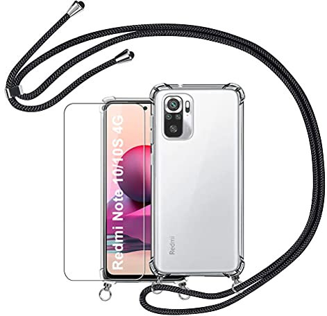 Vauki Coque avec Cordon de Collier pour Xiaomi Redmi Note 10/10S 4G Transparente en Silicone avec Protecteur d'écran, Housse TPU Réglable Chaîne Lanyard Case Antichoc Étui pour Note 10S/10 4G, Noir