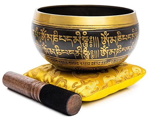 HIMALAYAN BAZAAR Tibetisches Klangschalen-Set – einfach zu spielen, authentisch handgefertigt für Meditation, Klangschale, Chakra, Yoga, Heilung, 10,2 cm (Schwarz/Gelb)