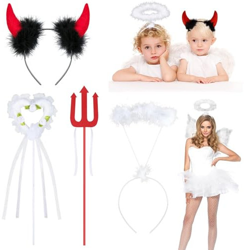 Mikqky 4 Stück Engel und Teufel Set - Hörner Stirnband, Zauberstab, Kostümzubehör, Roter Dreizack für Halloween Party