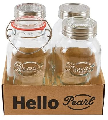 HELLO PEARL Mason Jar Try Out Pack 1000ml 4er Set |Einmachglas, Sprossenglas, Fermentierglas und Bügelverschlussglas. Alles in einem!