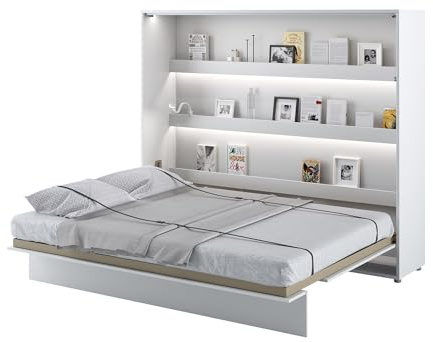 MEBLINI Lit Escamotable Bed Concept - Lit Pliant 2 Personnes - Mural Rabattable - Armoire - Placard - Murphy Bed - BC-14-160x200cm Horizontal - Blanc Laqué Brillant/Blanc avec Matelas