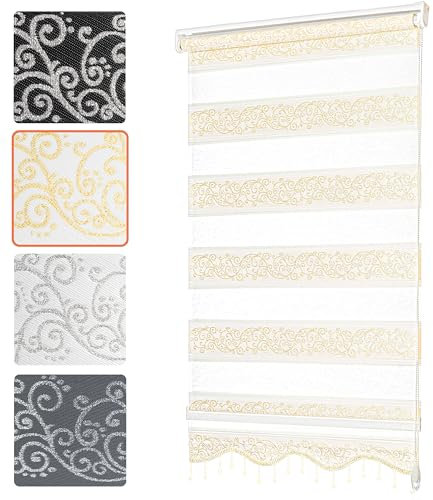 Bailena® Doppelrollo Klemmfix ohne Bohren - 4in1 Duo Rollo mit Muster Weiß Gold Glitzernd 110x200cm - Ranken & Blumen Motiv Doppelrollo mit Perlen - Gardinen Rollos für Fenster & Tür