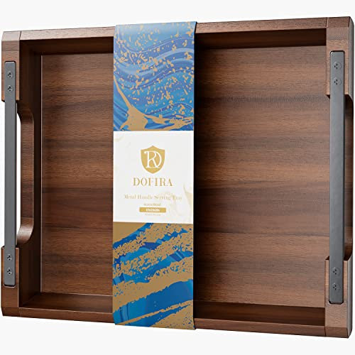 Dofira Acacia Wood Serving Tray with Metal Handles, Food Drinks Tray for Coffee Table, Breakfast, Dinner & Bar, Rustic Decorative Storage Tray for Ottoman, Kitchen & Bedroom, Christmas Decoration Gift