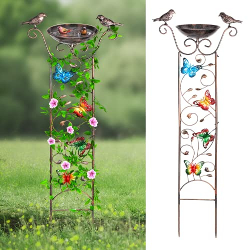 Desgully Vogeltränke mit Gartenspalier für Kletterpflanzen im Freien, mit dekorativen Schmetterlingen, freistehend, abnehmbare Vogelfutterschale, Vogeltränken für draußen, Antik Eisen