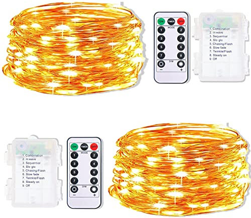 Eyesgood Lichterkette Außen Batterie Innen Weihnachtsbaum, 2 Stück 5M 50 LED Lichterkette Aussen mit Timer & Fernbedienung 8 Modi Wetterfest für Kinderzimmer Weihnachten Hochzeit