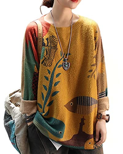 Janein Damen Pullover Oversize Lang Strickpullover Herbst Winter Rundhals Sweater mit Blumenmuster Weihnachtspullover JS01DE