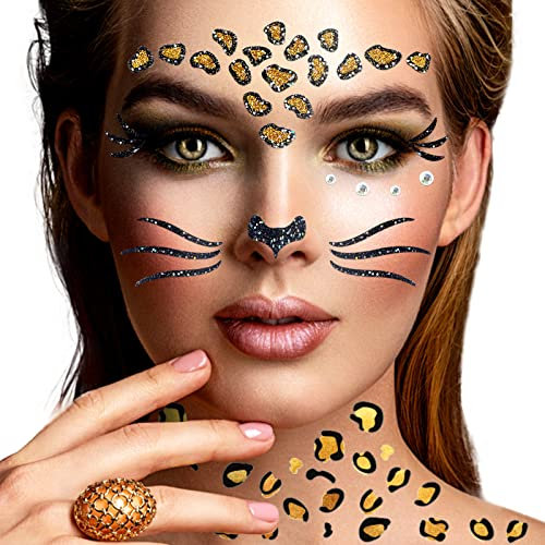 Face Sticker - Tattoo - Leopard, Temporäres Glitter Gesichtstattoo Karneval, Glitzer Tattoo Set für Fasching, Karneval, Halloween & Motto Partys